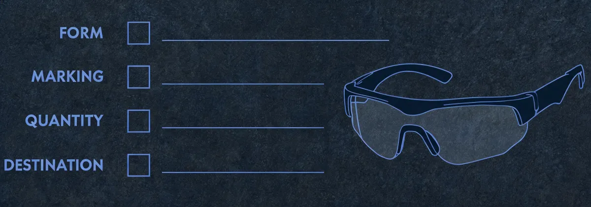 Specification checklist diagram for protective eyewear, not a mapped office