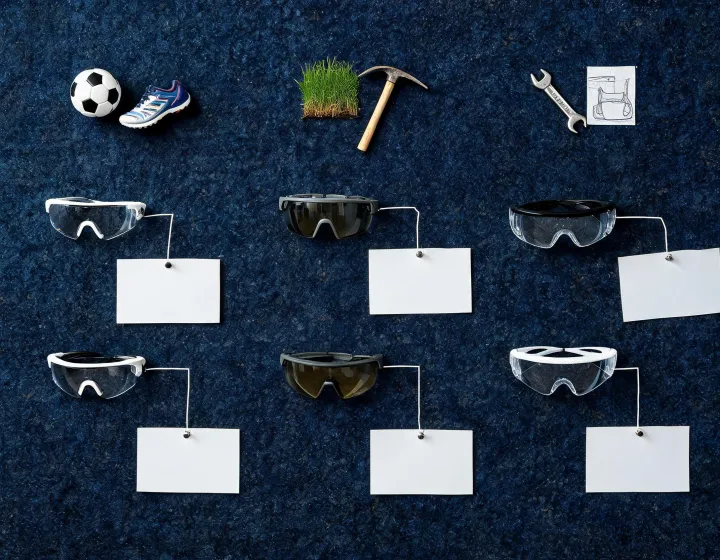 Project brief board mapping sports protective eyewear uses to specification fields